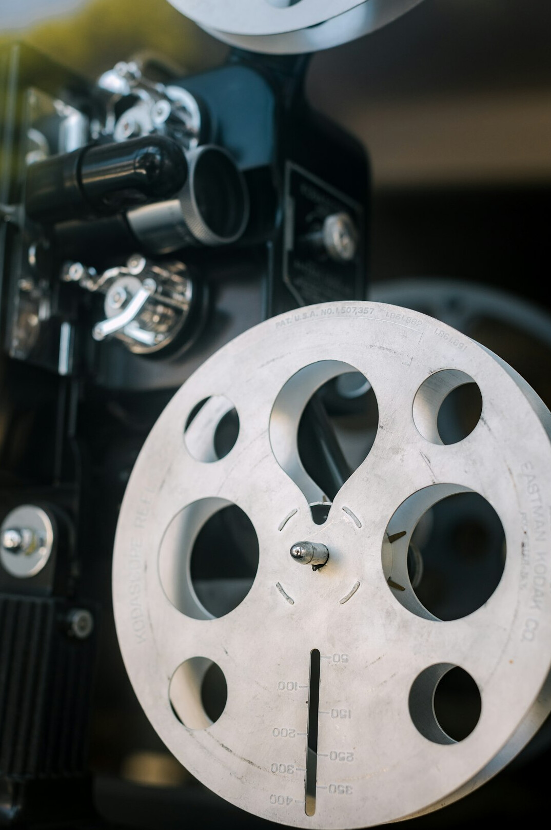 Close-up of a film editing reel-to-reel machine